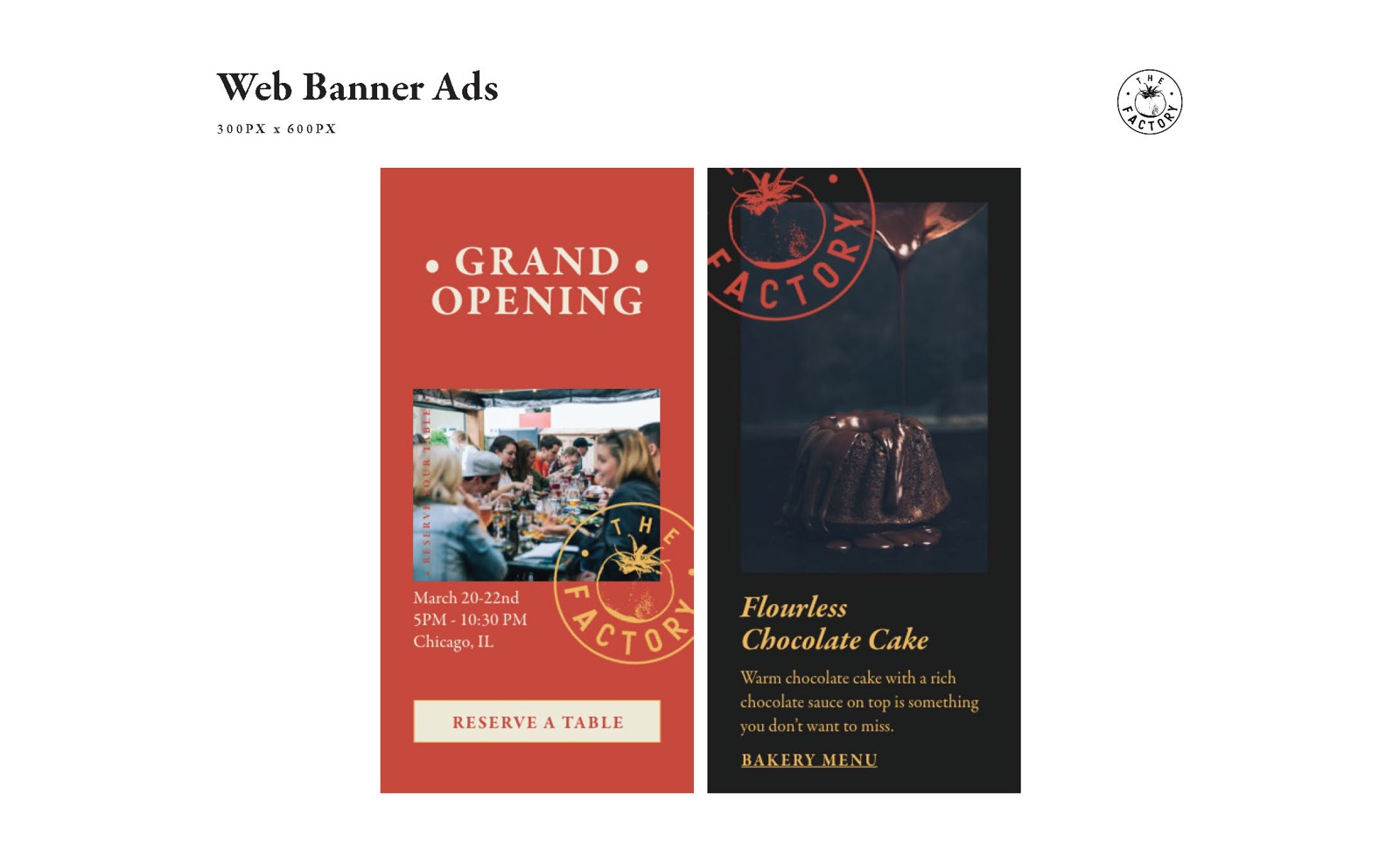 Two Factory banner proposals pair warm red and charcoal fields, gold tomato branding, serif typography, restaurant photography, and clear calls to action.