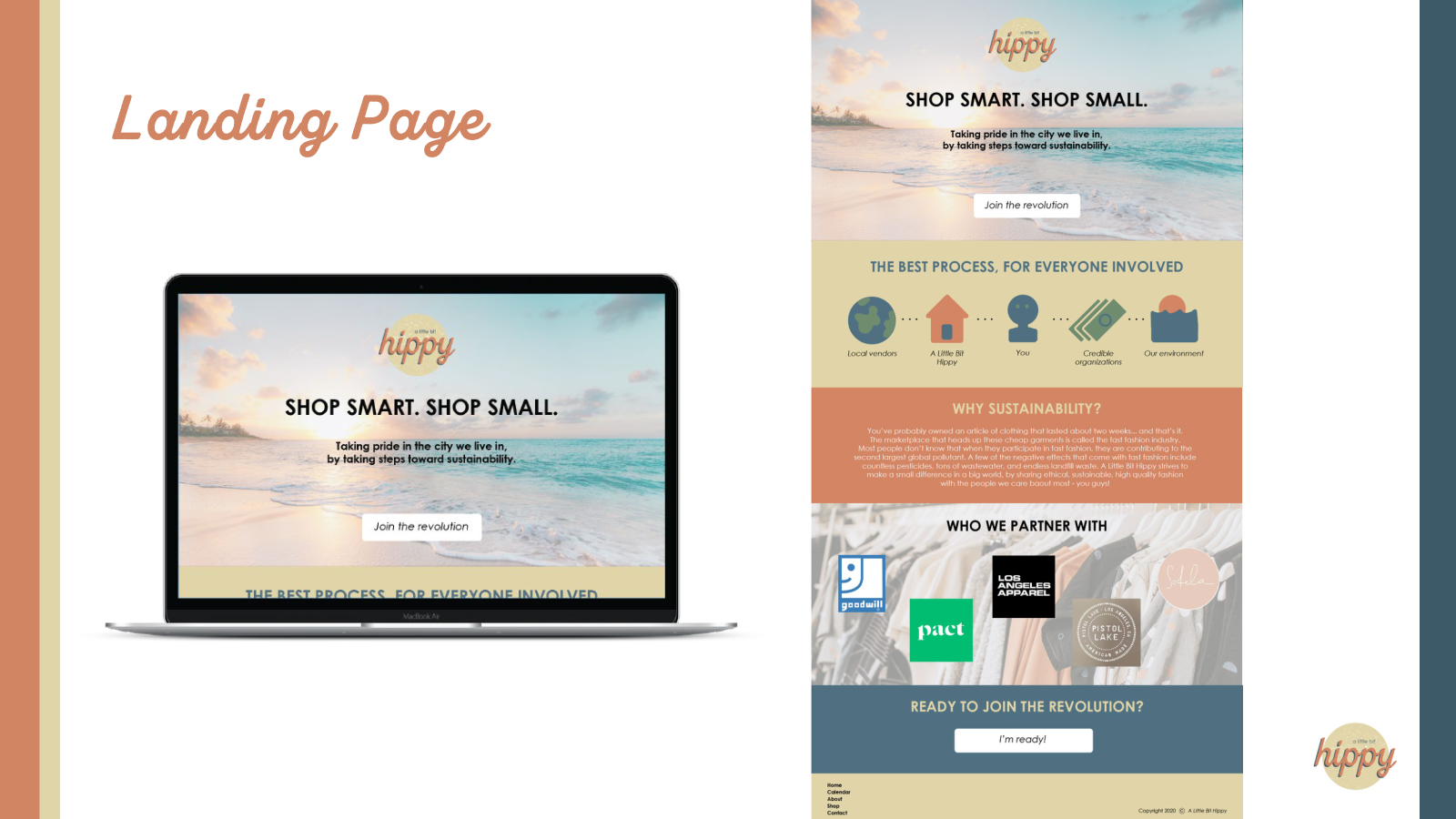 A Little Bit Hippy landing-page proposal combines coastal photography, earthy color blocks, the message Shop Smart Shop Small, and sections explaining a sustainability concept.