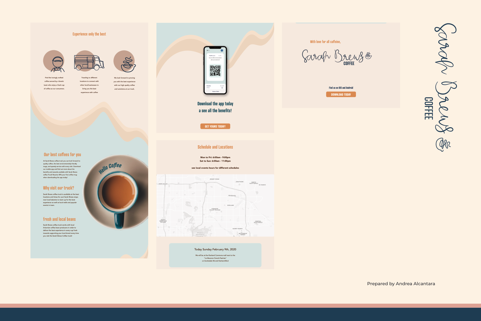 Sarah Brews landing-page sections combine coffee imagery, line icons, flowing cream and blue shapes, app-download prompts, and location information.